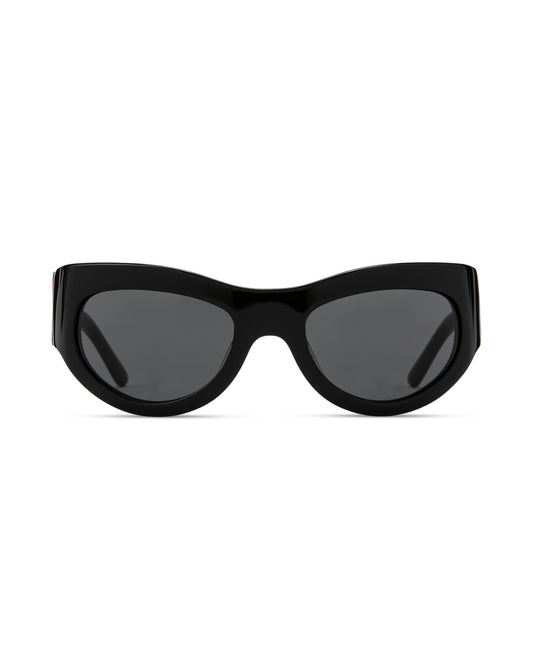 Front view | Mask sunglasses with black lenses and black frames |  Acetate | Swim | Women's sunglasses | Karen Wazen Eyewear