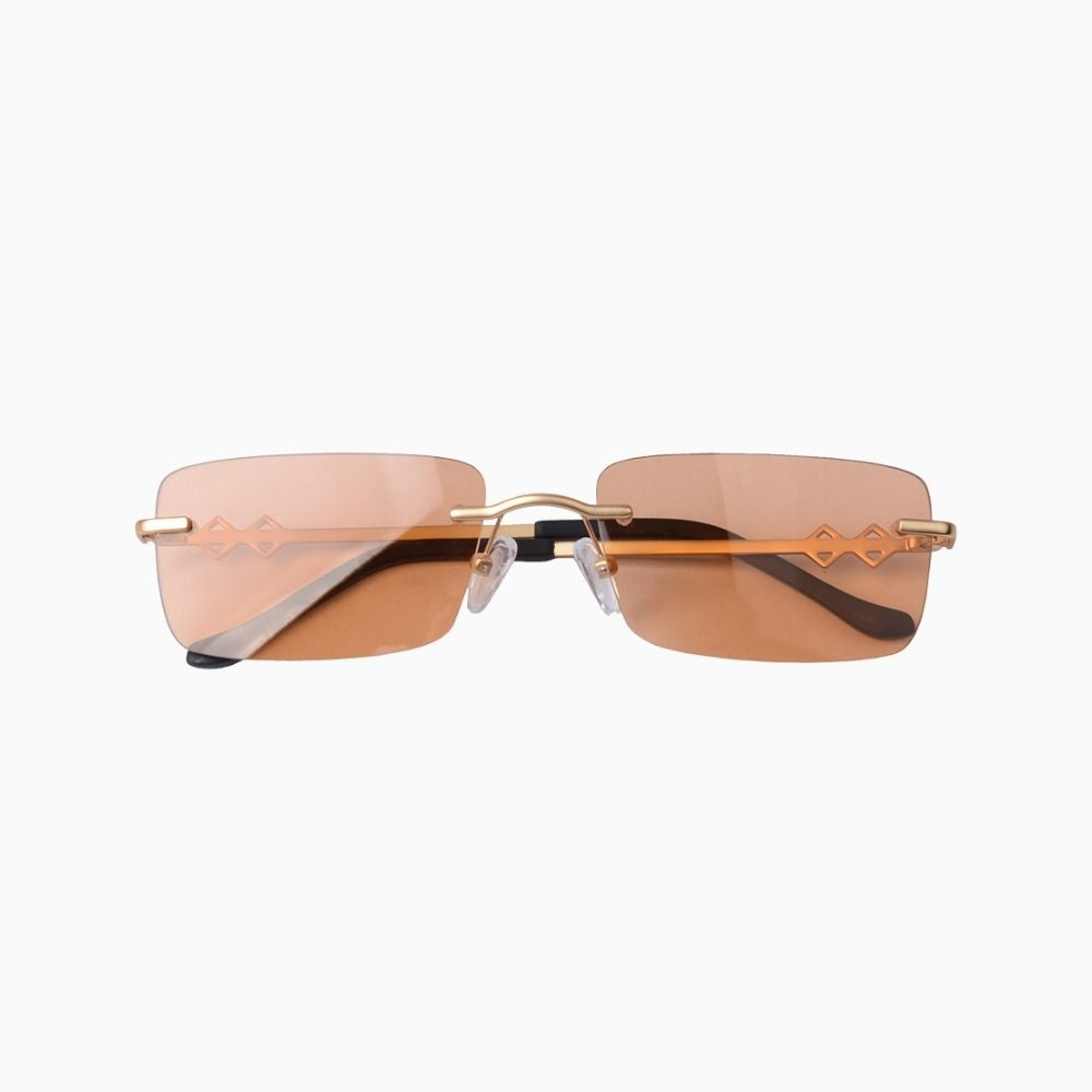 Front view | Frameless rectangle sunglasses with orange lenses and gold frames | Metal | Layla | Women's sunglasses | Karen Wazen Eyewear