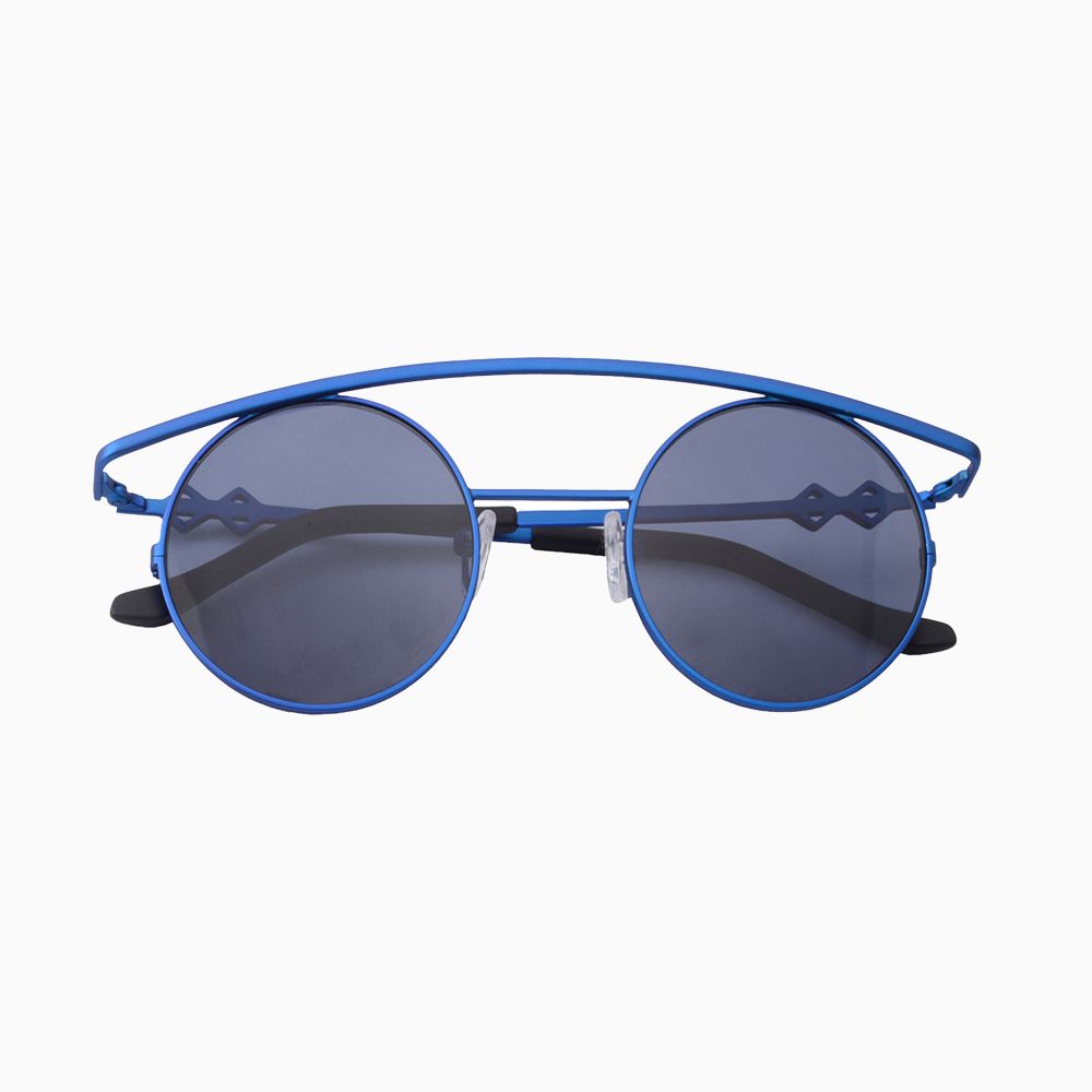 Front view | Round sunglasses with blue lenses and blue frames | Metal | Retro's XL | Women's, men's, and unisex sunglasses | Karen Wazen Eyewear