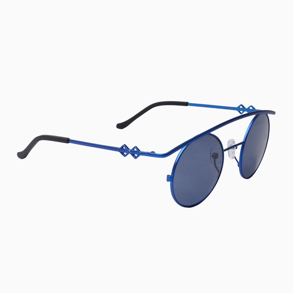 Side view | Round sunglasses with blue lenses and blue frames | Metal | Retro's XL | Women's, men's, and unisex sunglasses | Karen Wazen Eyewear