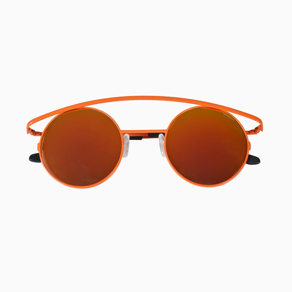 Front view | Round sunglasses with orange mirror lenses and orange frames | Metal | Retro's XL | Women's, men's, and unisex sunglasses | Karen Wazen Eyewear