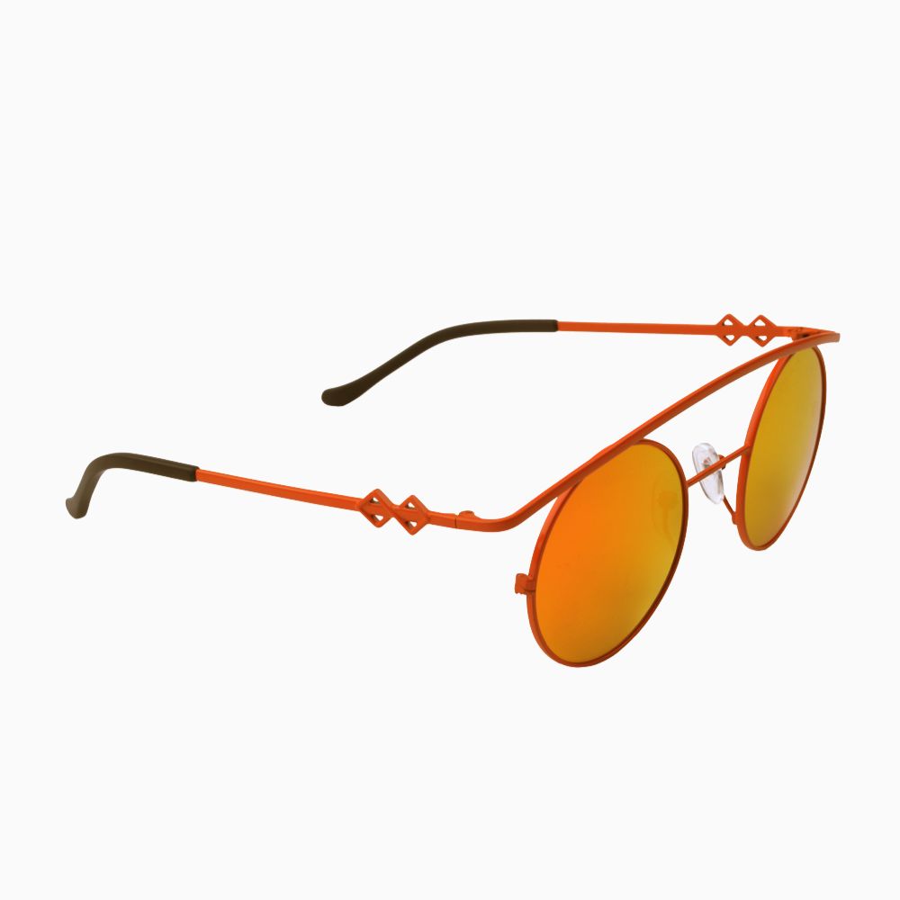 Side view | Round sunglasses with orange mirror lenses and orange frames | Metal | Retro's XL | Women's, men's, and unisex sunglasses | Karen Wazen Eyewear