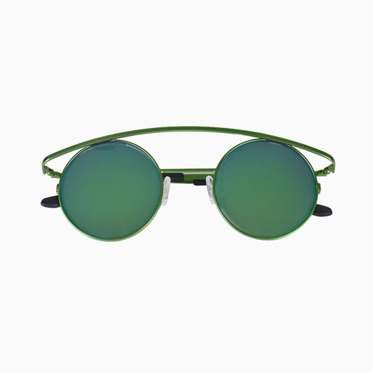 Front view | Round sunglasses with green mirror lenses and green frames | Metal | Retro's XL | Women's, men's, and unisex sunglasses | Karen Wazen Eyewear