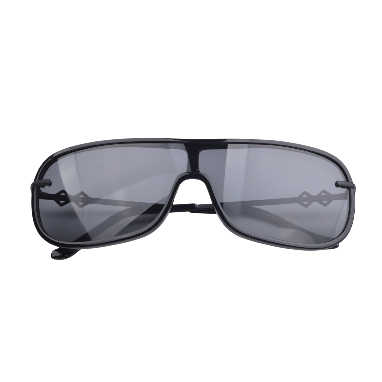 Front view | Mask sunglasses with black lenses and black frames | Acetate & Metal | Jordan | Women's sunglasses | Karen Wazen Eyewear
