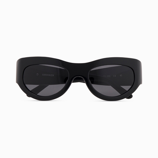 Front view | Mask sunglasses with black lenses and black frames |  Acetate | Swim | Women's sunglasses | Karen Wazen Eyewear