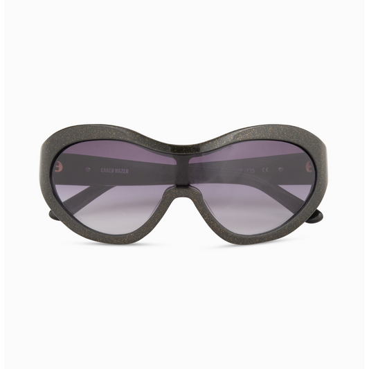 Front view | Mask-like sunglasses with olive lenses and olive frames | Acetate | Laser | Women's sunglasses | Karen Wazen Eyewear